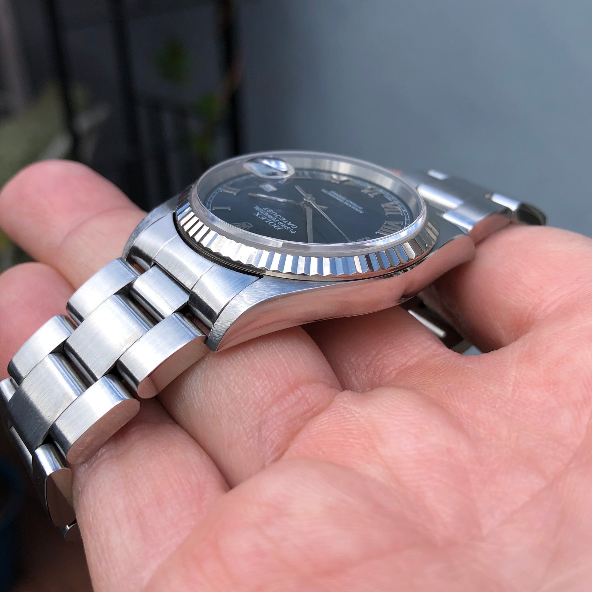 2002 Rolex Datejust 16234 Blue Roman Fluted White Gold Bezel Oyster Wristwatch Box Papers - Hashtag Watch Company
