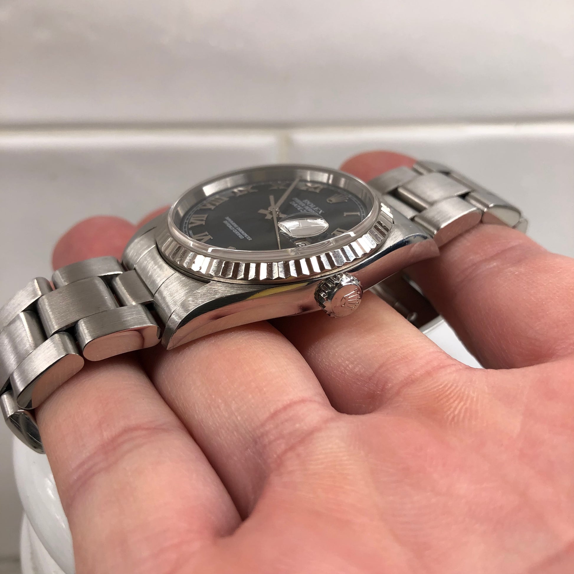 2002 Rolex Datejust 16234 Blue Roman Fluted White Gold Bezel