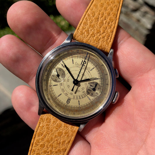 Vintage Eberhard & Co Single Button Steel Chronograph 40mm Oversized Wristwatch Circa 1940's - Hashtag Watch Company