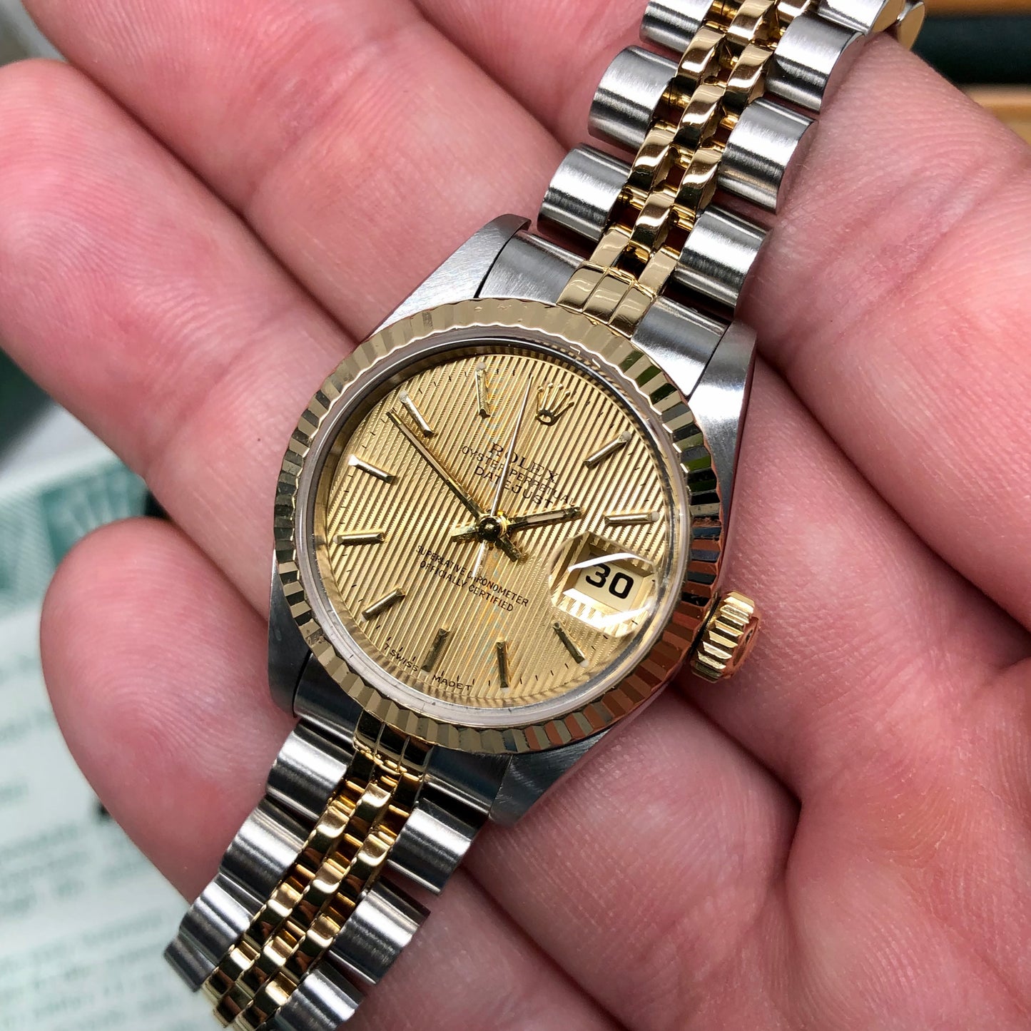 1995 Rolex Datejust 69173 Two Tone Jubilee Champagne Tapestry Dial Ladies Wristwatch Box Papers - Hashtag Watch Company