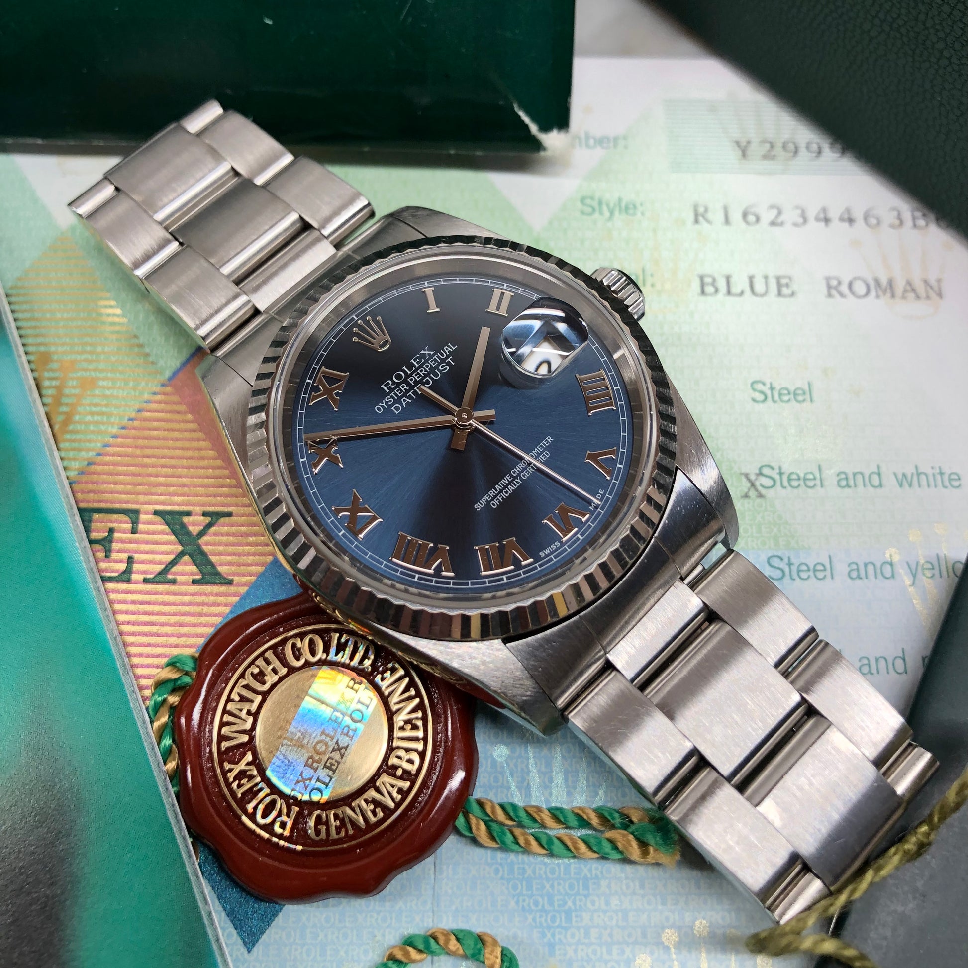 2002 Rolex Datejust 16234 Blue Roman Fluted White Gold Bezel Oyster Wristwatch Box Papers - Hashtag Watch Company