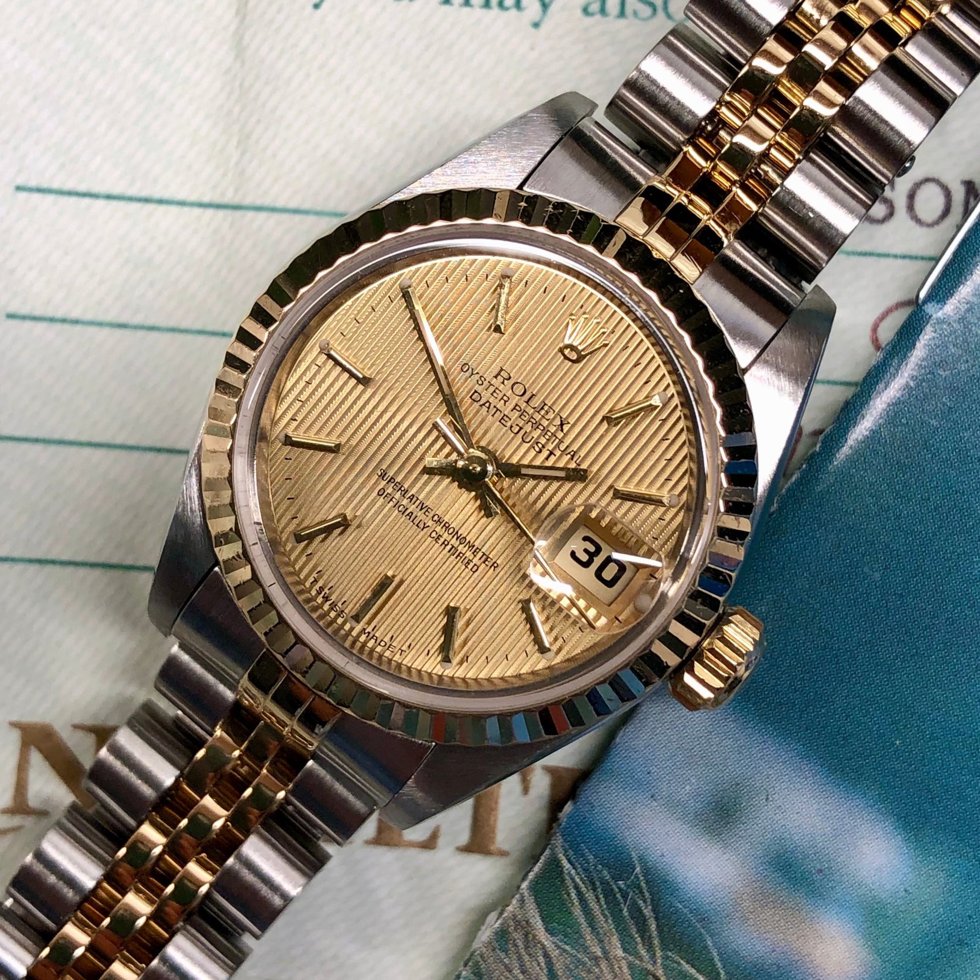 1995 Rolex Datejust 69173 Two Tone Jubilee Champagne Tapestry Dial Ladies Wristwatch Box Papers - Hashtag Watch Company