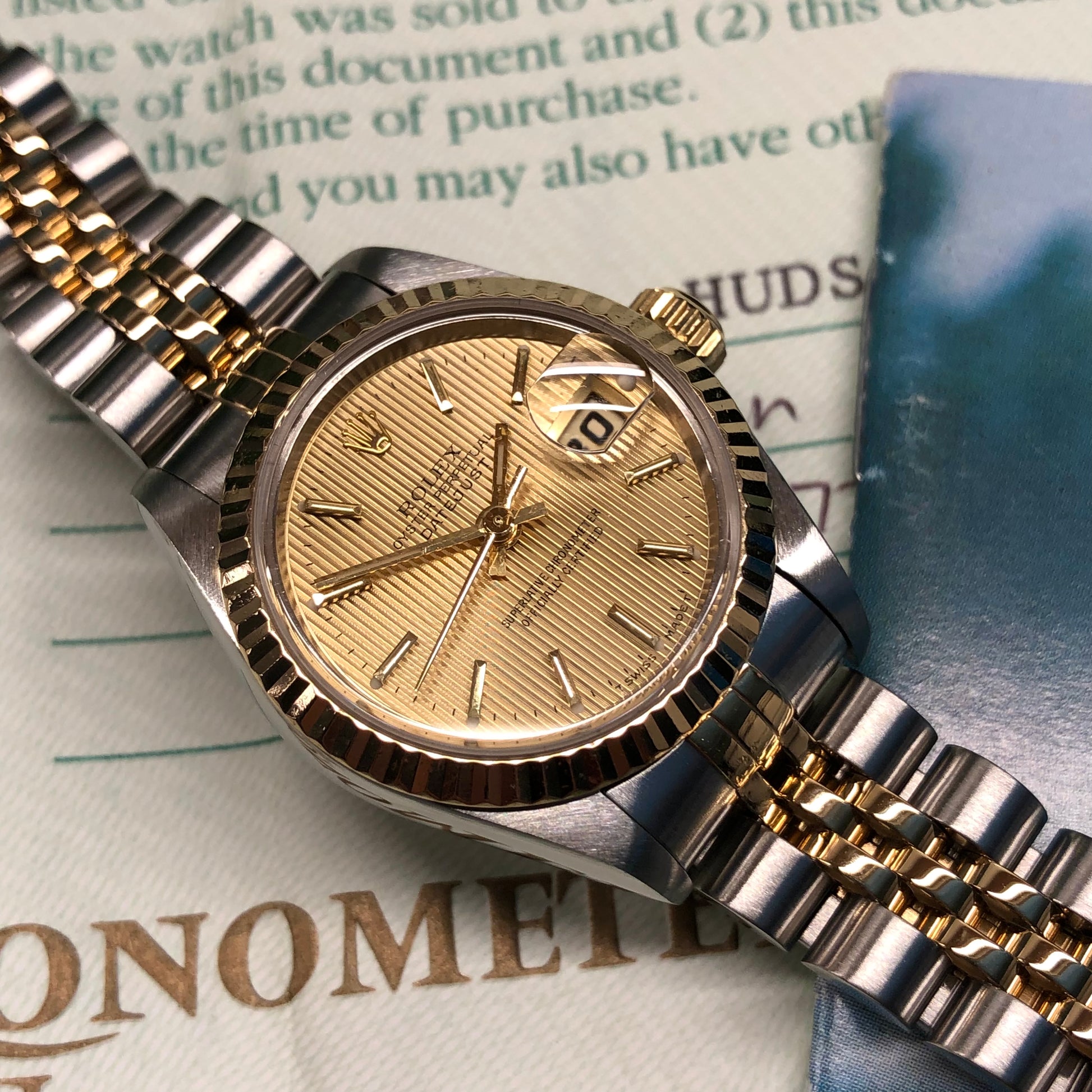 1995 Rolex Datejust 69173 Two Tone Jubilee Champagne Tapestry Dial Ladies Wristwatch Box Papers - Hashtag Watch Company