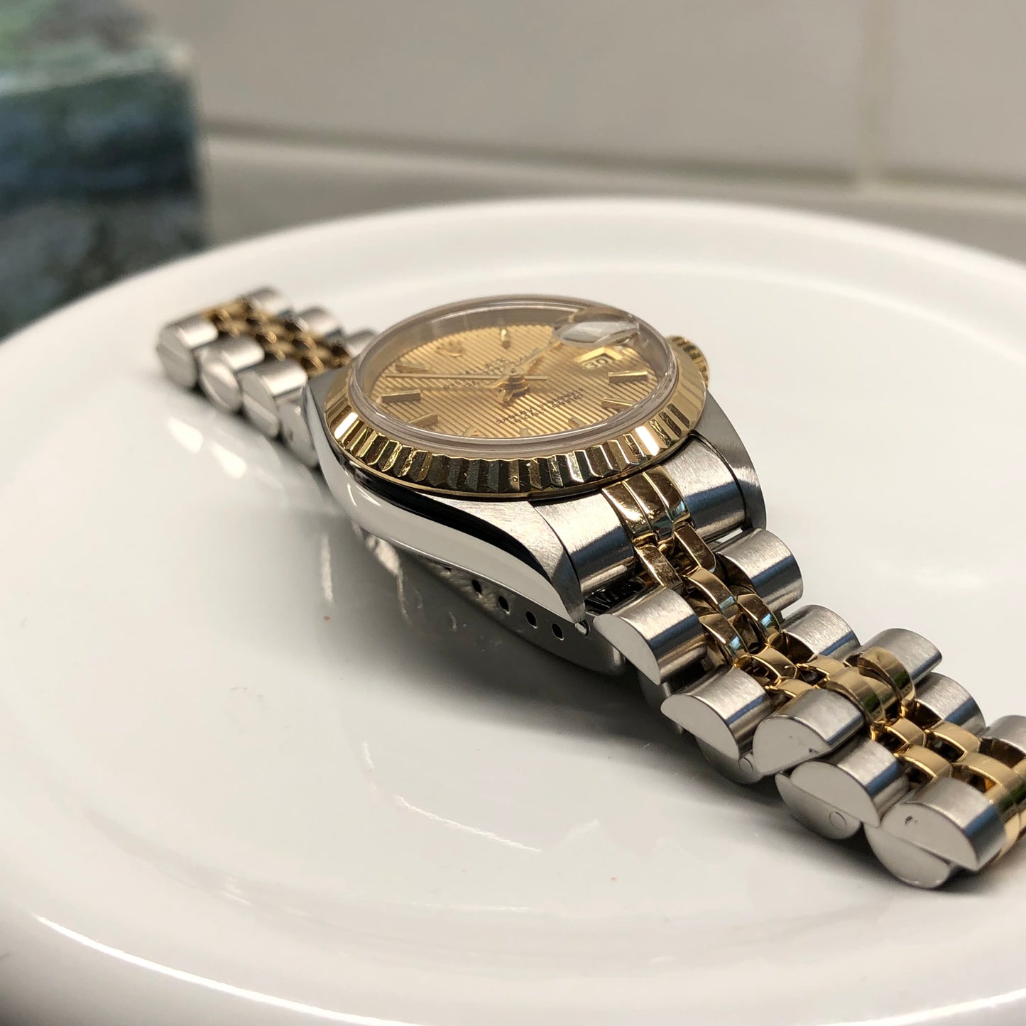 1995 Rolex Datejust 69173 Two Tone Jubilee Champagne Tapestry Dial Ladies Wristwatch Box Papers - Hashtag Watch Company