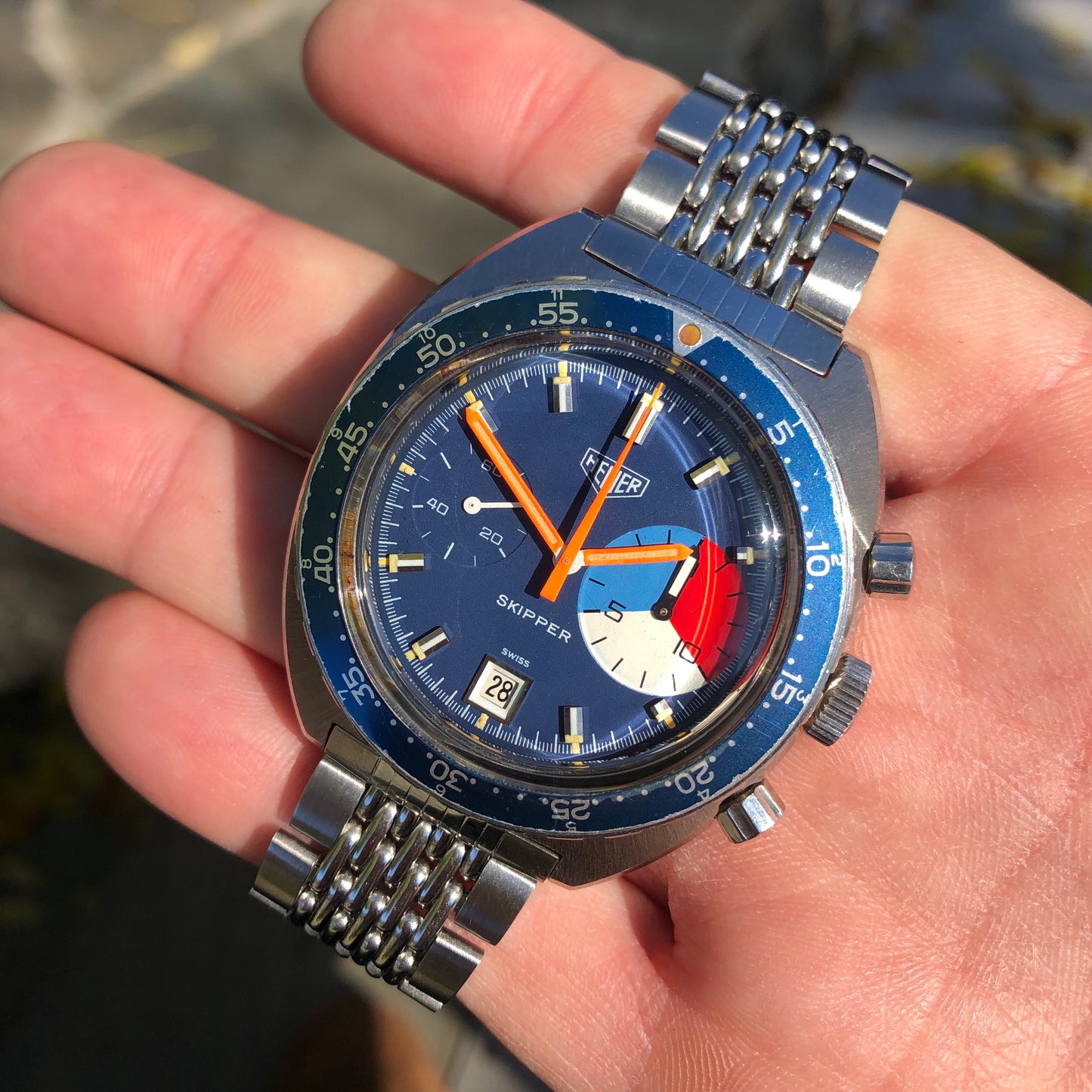 Vintage Heuer Skipper 73463 Autavaia Blue Steel Chronograph Valjoux 7734 Wristwatch - Hashtag Watch Company