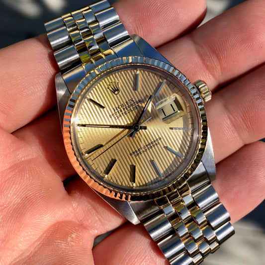 Vintage Rolex Datejust 16013 Champagne Tapestry Cal 3035 Oyster Perpetual Two Tone Steel Gold Wristwatch - Hashtag Watch Company