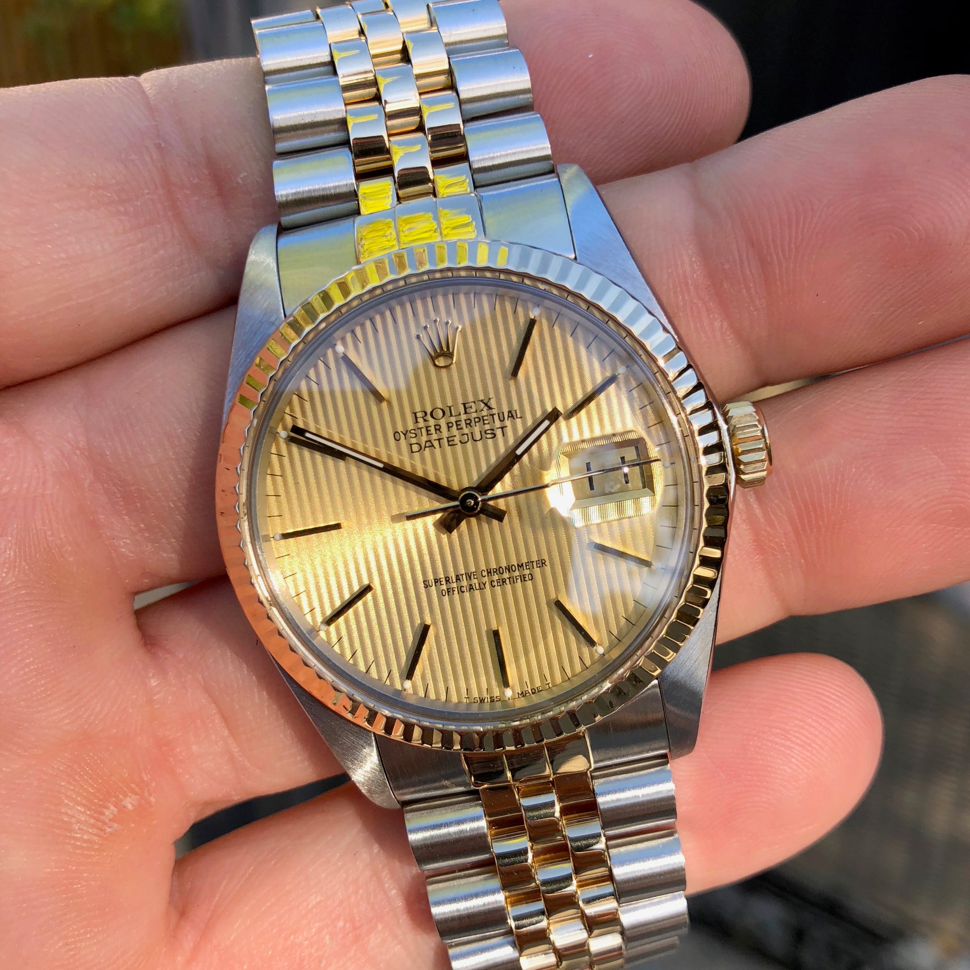Vintage Rolex Datejust 16013 Champagne Tapestry Cal 3035 Oyster Perpetual Two Tone Steel Gold Wristwatch - Hashtag Watch Company