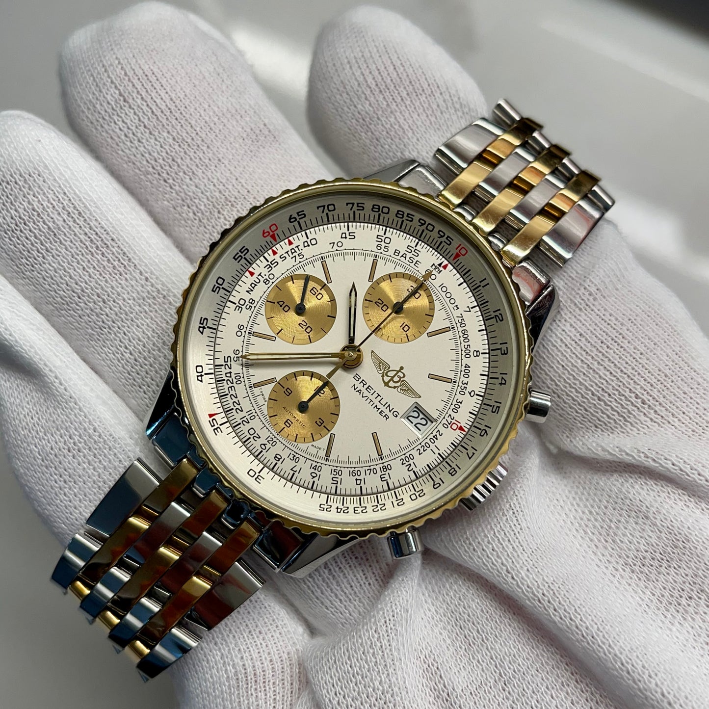 Breitling Old Navitimer II D13022 Two Tone Gold Steel Automatic Chronograph Box Papers - Hashtag Watch Company