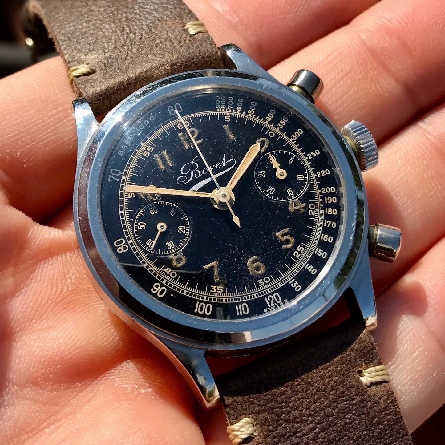 Vintage Bovet Mono-Rattrapante Steel Valjoux 84 Chronograph Black 38mm Leather Wristwatch - Hashtag Watch Company