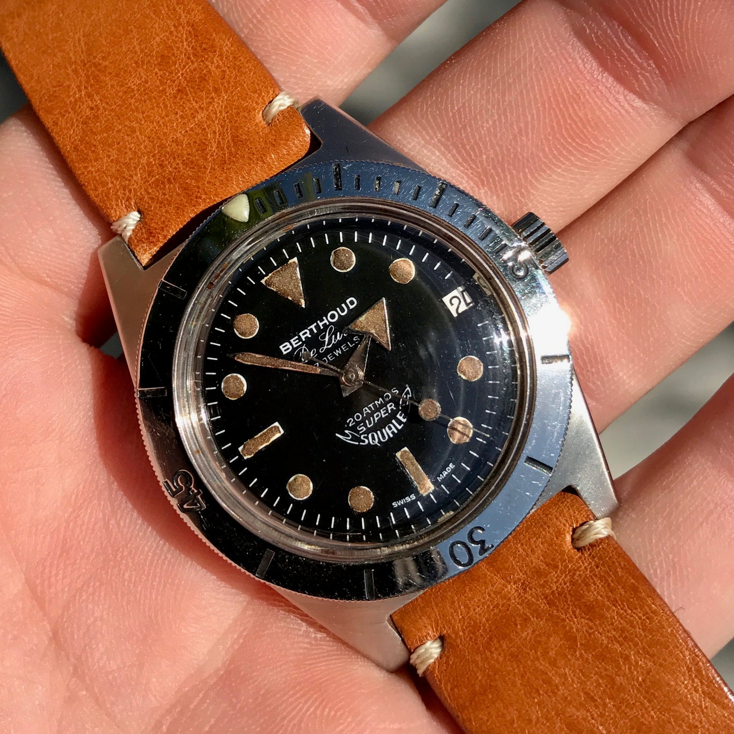 Vintage Berthoud De Luxe Super Squale 1157 Automatic Black Dial Leather Wristwatch - Hashtag Watch Company