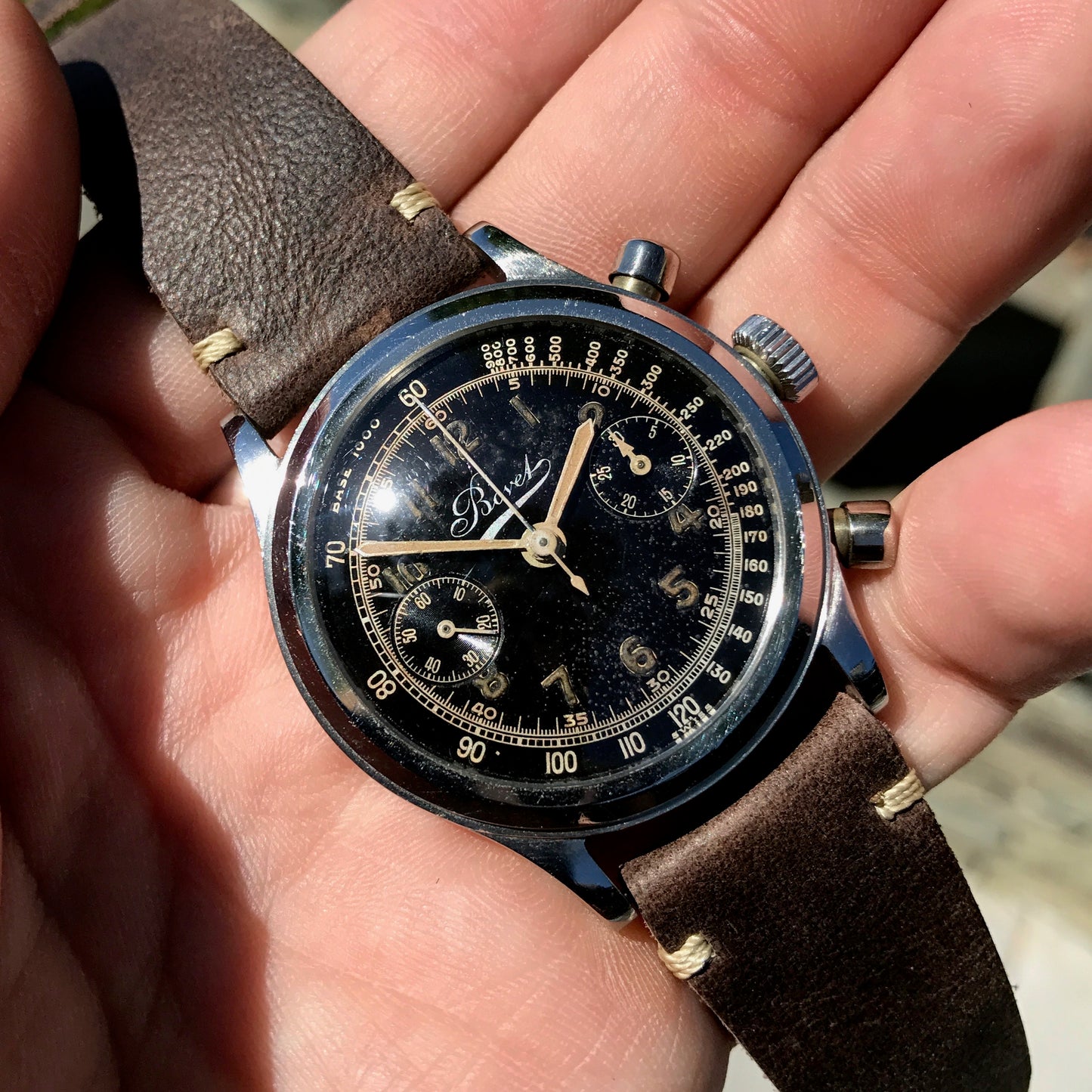 Vintage Bovet Mono-Rattrapante Steel Valjoux 84 Chronograph Black 38mm Leather Wristwatch - Hashtag Watch Company