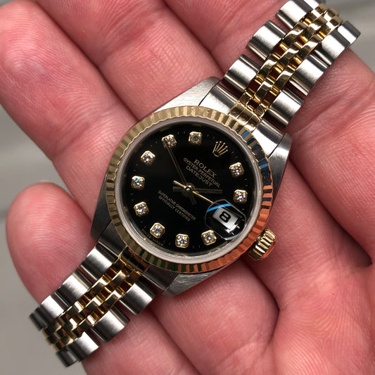 2000 Rolex Ladies Datejust 79173 Two Tone Black Diamond Dial Jubilee No Holes Case Automatic Wristwatch - Hashtag Watch Company