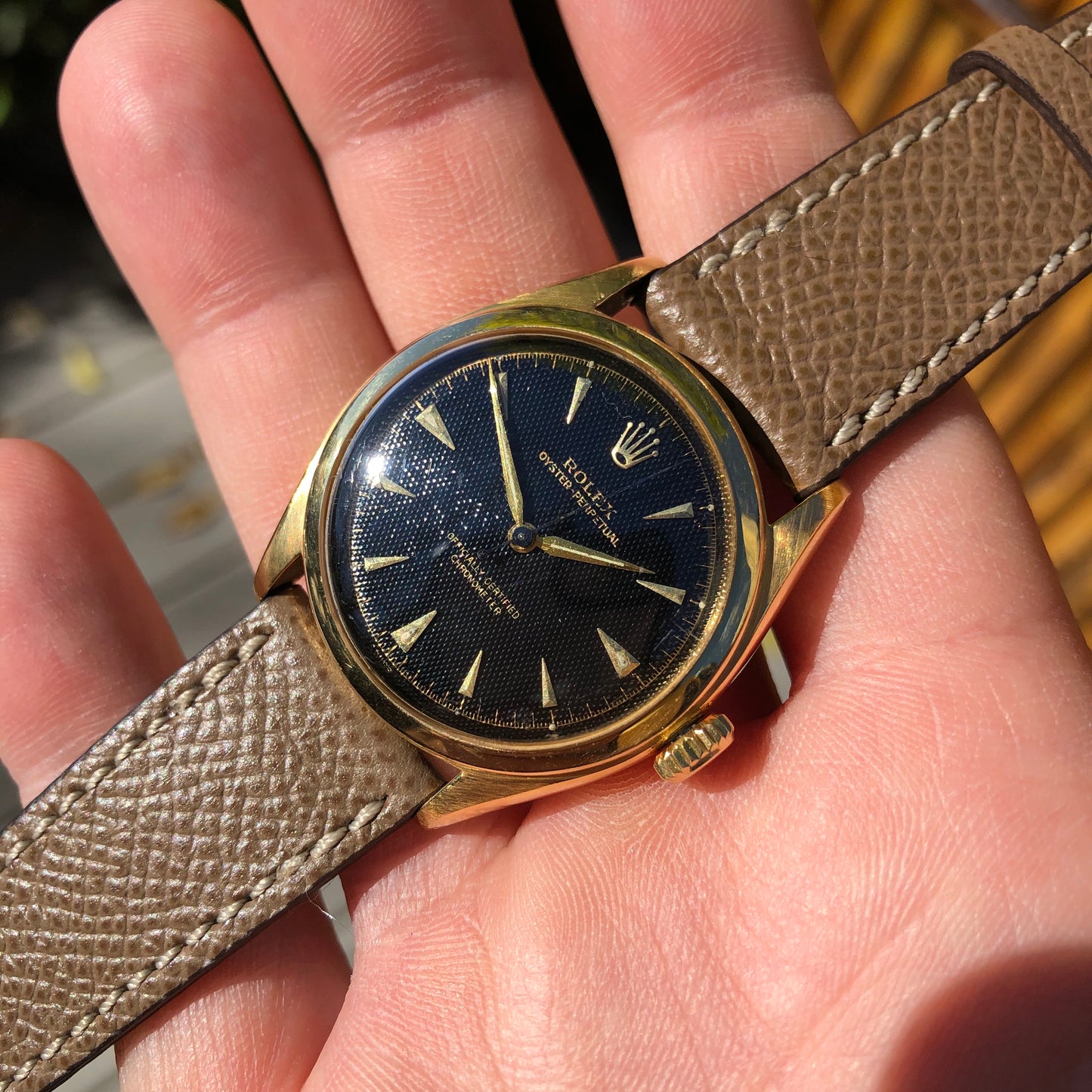 Vintage Rolex Oyster Perpetual 6084 Gilt 18K Yellow Gold Black Honeycomb Automatic Wristwatch Circa 1953 - Hashtag Watch Company