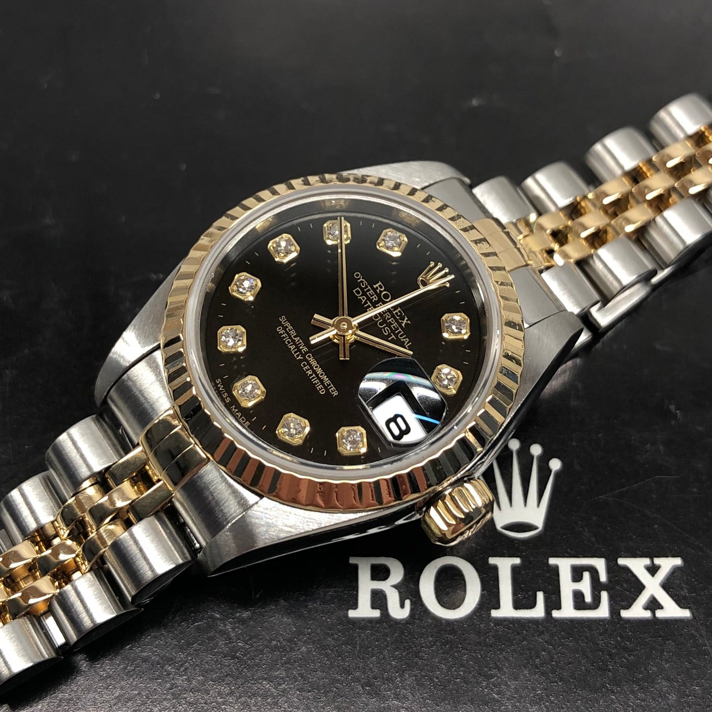 2000 Rolex Ladies Datejust 79173 Two Tone Black Diamond Dial Jubilee No Holes Case Automatic Wristwatch - Hashtag Watch Company