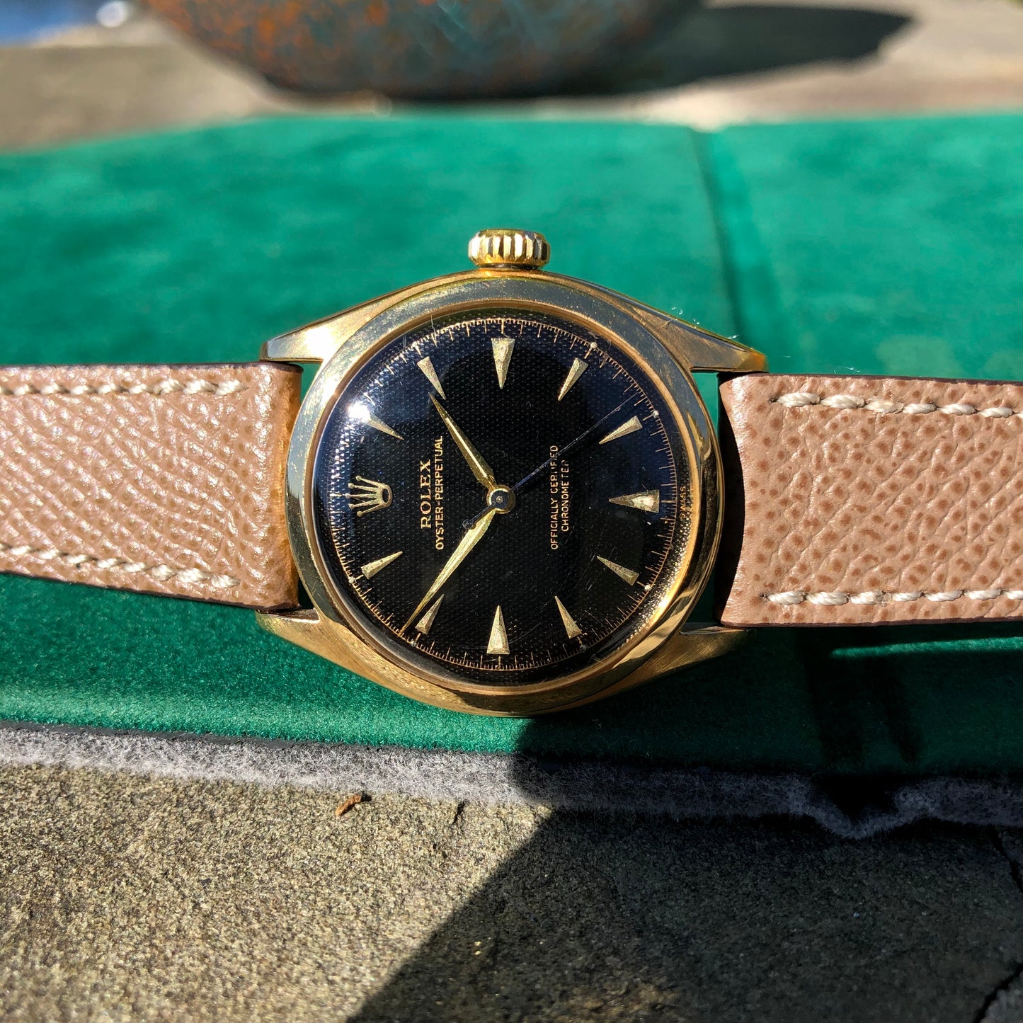 Vintage Rolex Oyster Perpetual 6084 Gilt 18K Yellow Gold Black Honeycomb Automatic Wristwatch Circa 1953 - Hashtag Watch Company