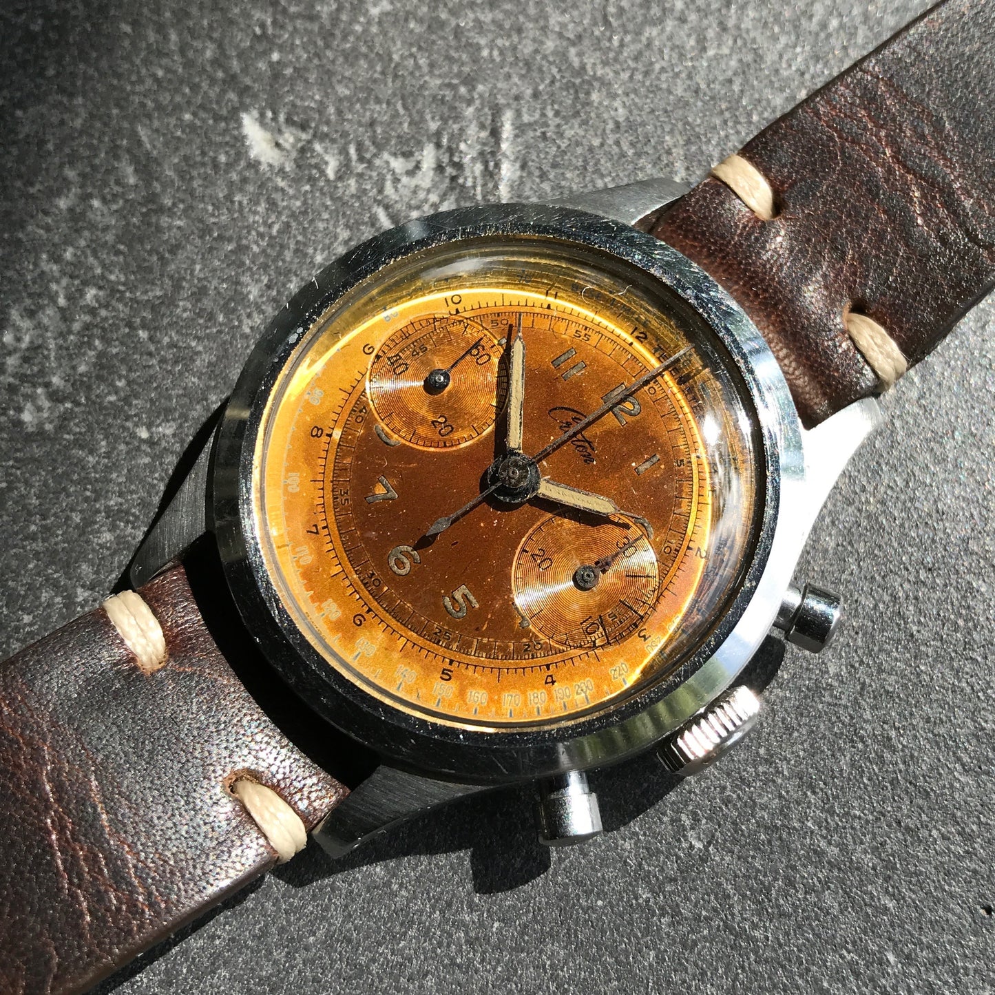 Vintage Croton Clamshell Steel Chronograph Caramel Patina Manual Wristwatch - Hashtag Watch Company