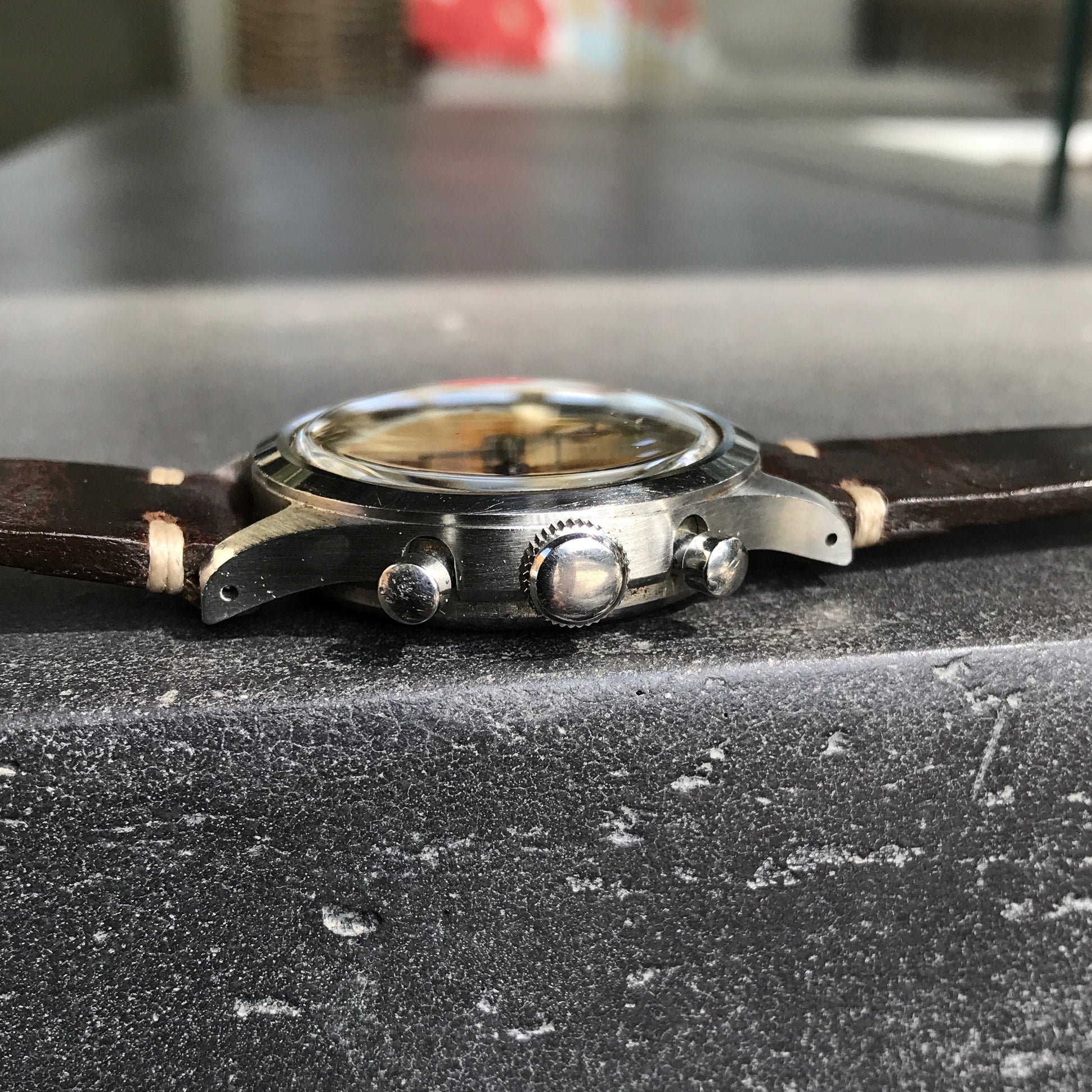 Vintage Croton Clamshell Steel Chronograph Caramel Patina Manual Wristwatch - Hashtag Watch Company