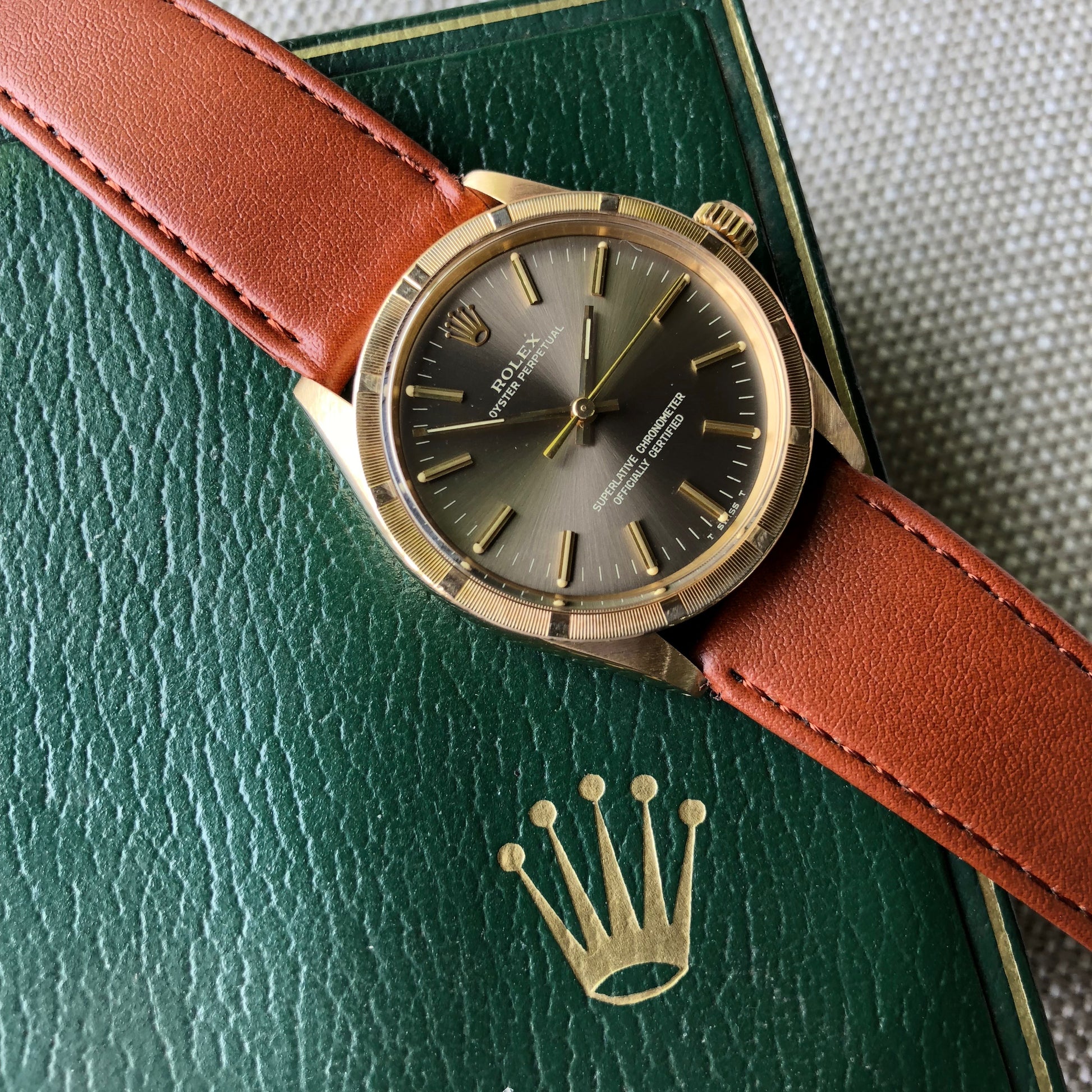 Vintage Rolex Oyster Perpetual 1007 18K Yellow Gold Caliber 1570 Automatic Wristwatch Box Papers Circa 1971 - Hashtag Watch Company