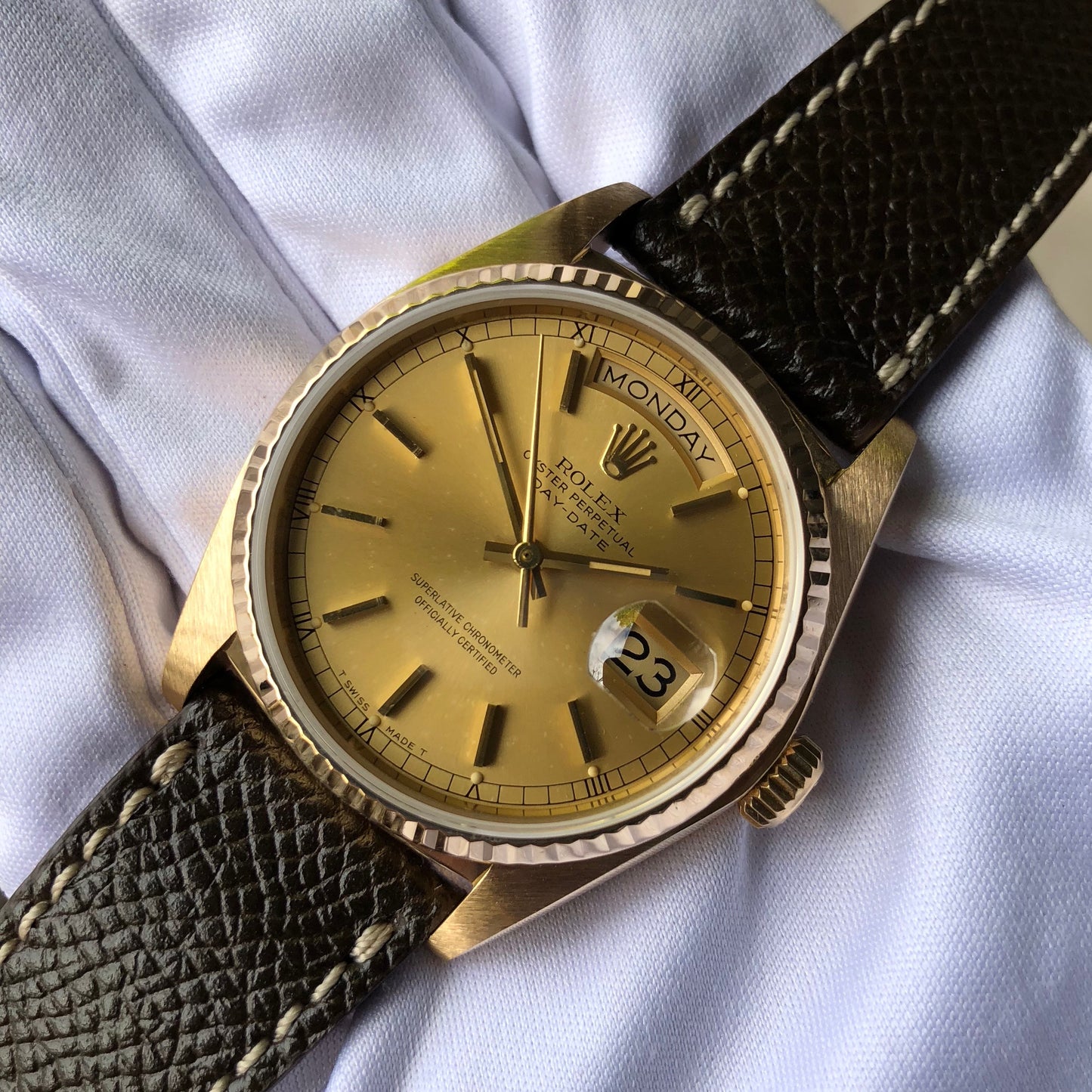 Rolex President 18038 Day Date 18K Yellow Gold Champagne Stick Circa 1983 Caliber 3055 Wristwatch - Hashtag Watch Company