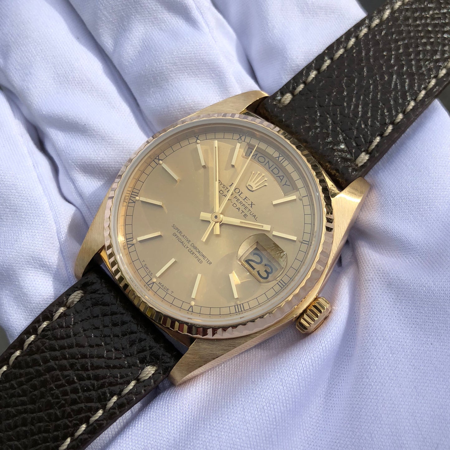 Rolex President 18038 Day Date 18K Yellow Gold Champagne Stick Circa 1983 Caliber 3055 Wristwatch - Hashtag Watch Company