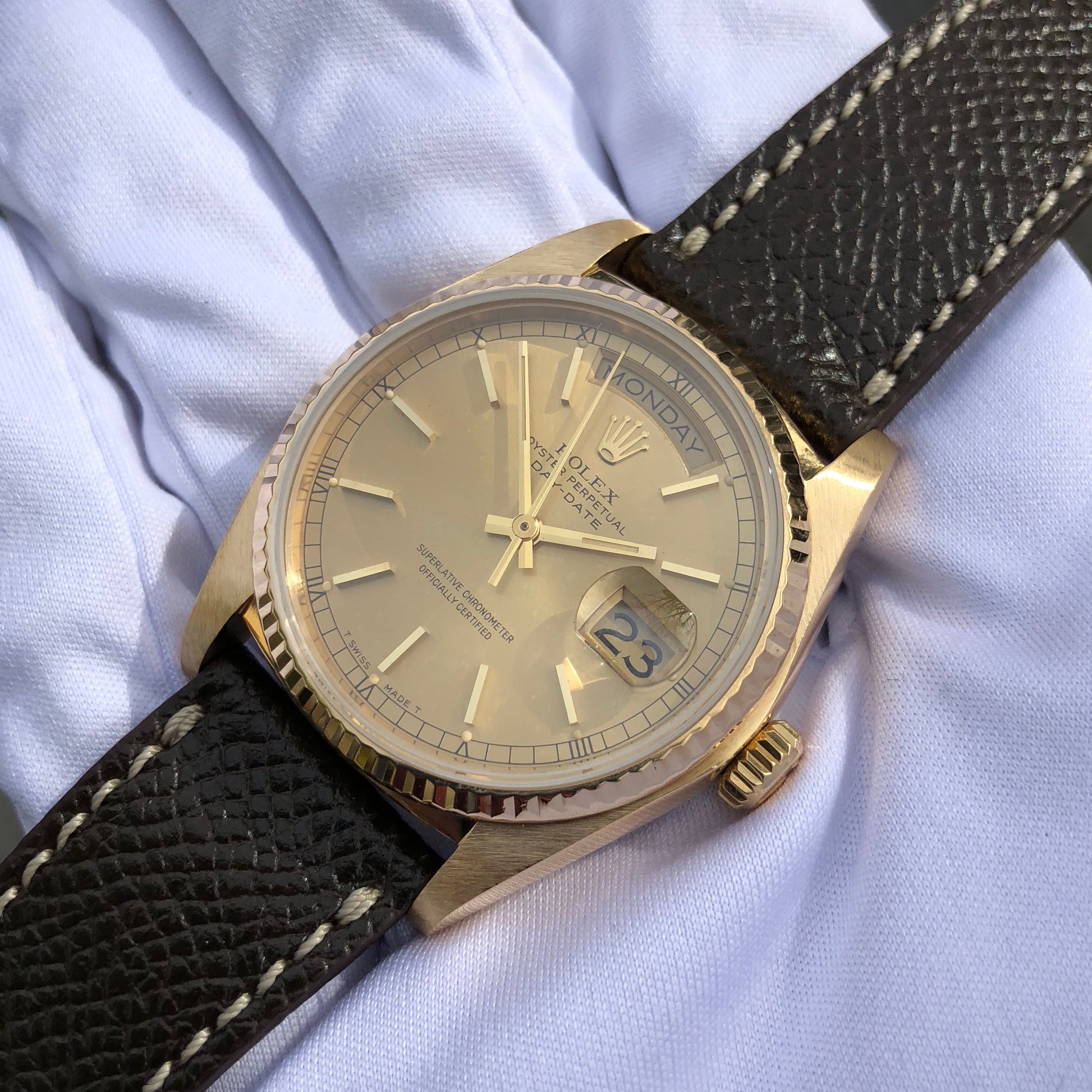 Rolex President 18038 Day Date 18K Yellow Gold Champagne Stick Circa 1983 Caliber 3055 Wristwatch - Hashtag Watch Company