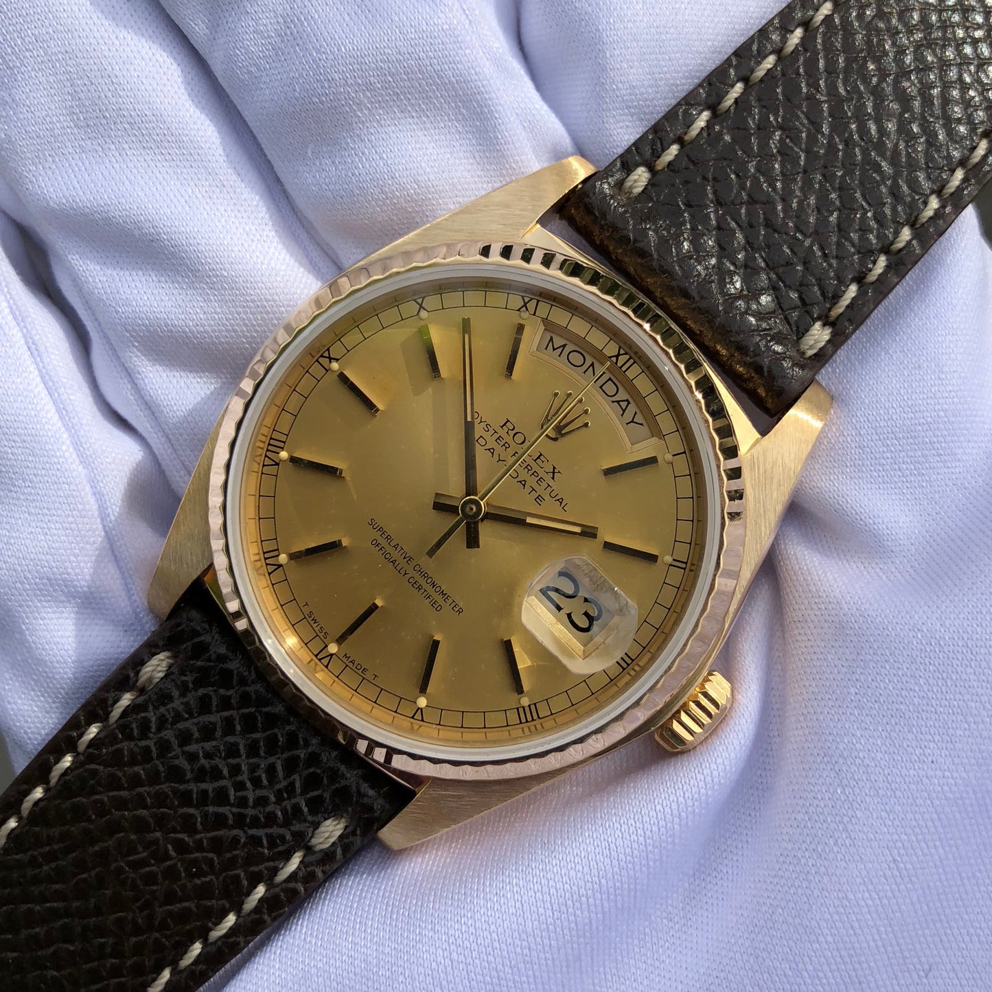 Rolex President 18038 Day Date 18K Yellow Gold Champagne Stick Circa 1983 Caliber 3055 Wristwatch - Hashtag Watch Company