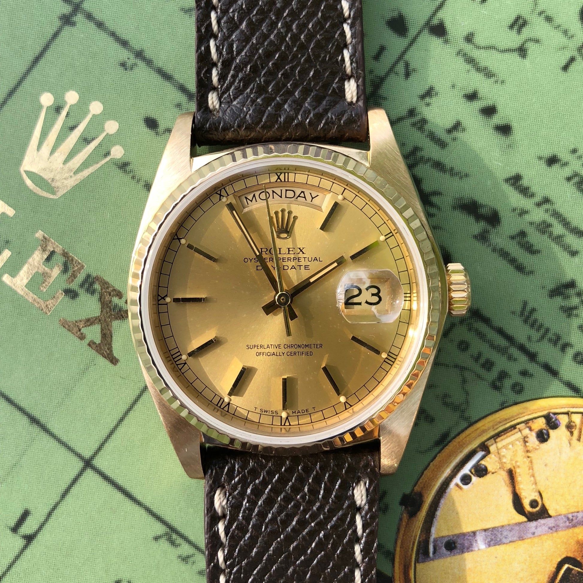 Rolex President 18038 Day Date 18K Yellow Gold Champagne Stick Circa 1983 Caliber 3055 Wristwatch - Hashtag Watch Company