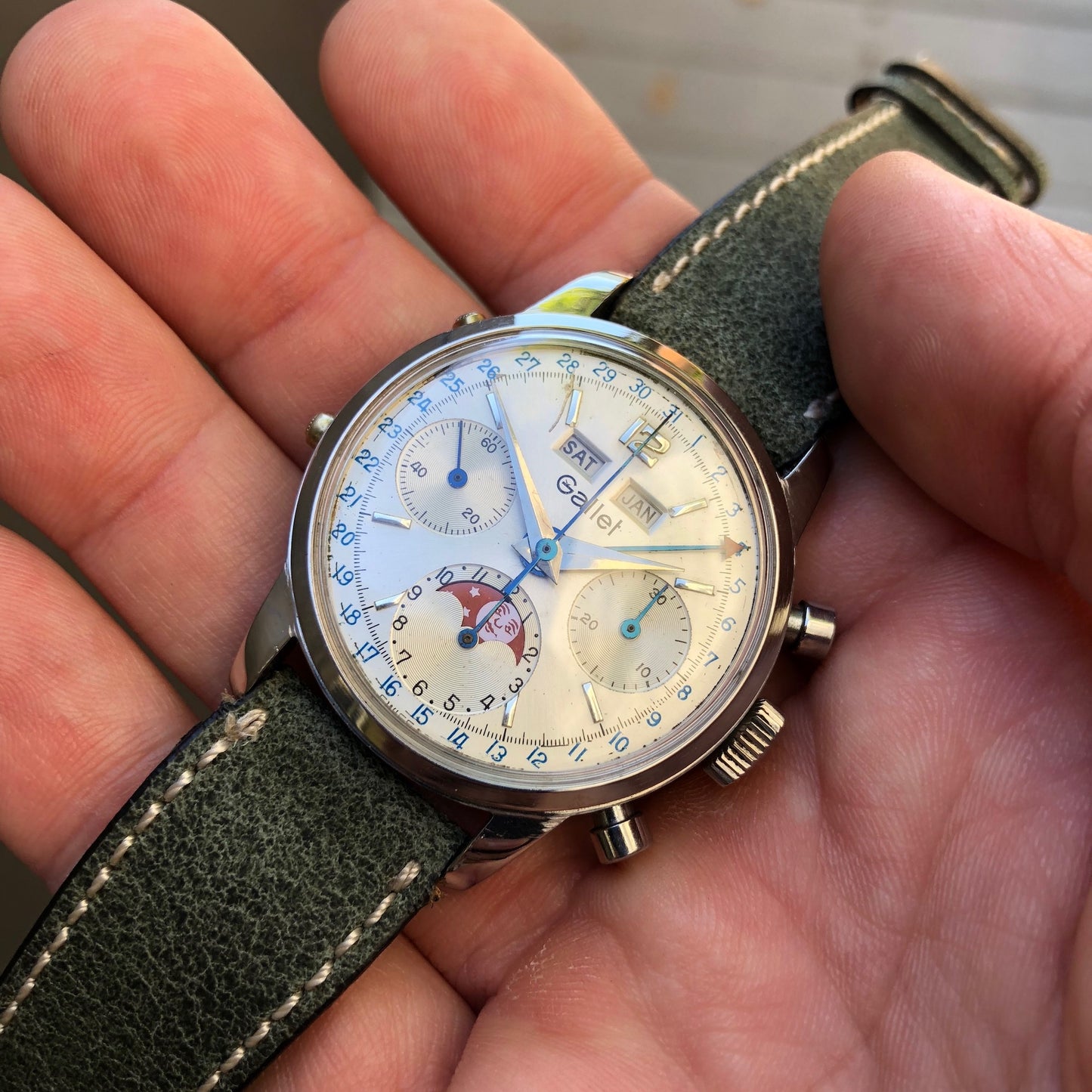 Vintage Gallet MultiChron Astronomic Steel Chronograph Valjoux 88 Triple Date Moonphase Wristwatch HASHTAGWATCHCO