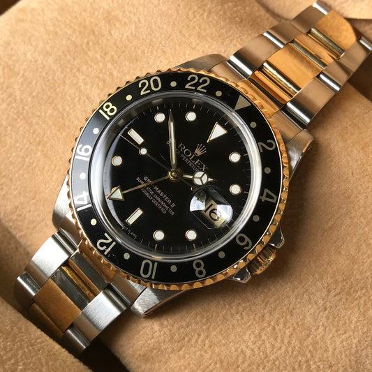 Rolex GMT MASTER II 16713 Two Tone Steel Gold Black Oyster Automatic Watch Box Papers 1991 - Hashtag Watch Company