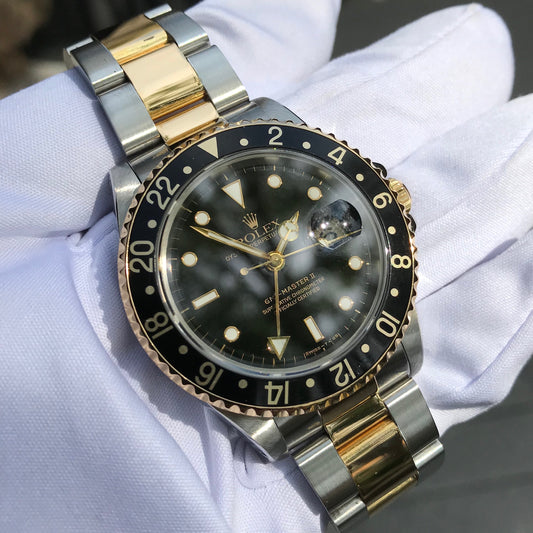 Rolex GMT MASTER II 16713 Two Tone Steel Gold Black Oyster Automatic Watch Box Papers 1991 - Hashtag Watch Company