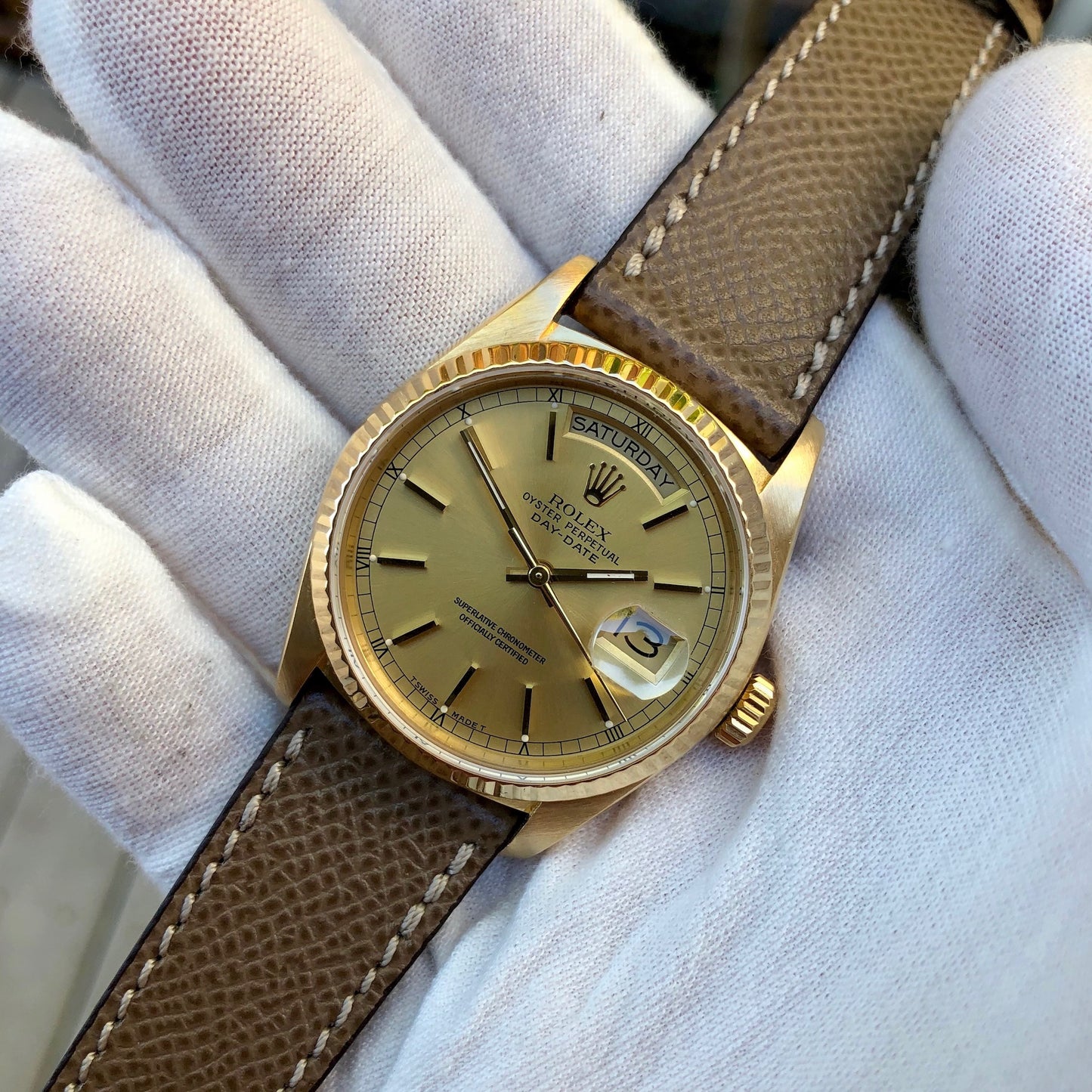 Rolex President 18038 Day Date 18K Yellow Gold Champagne Stick Wristwatch Circa 1986 - Hashtag Watch Company