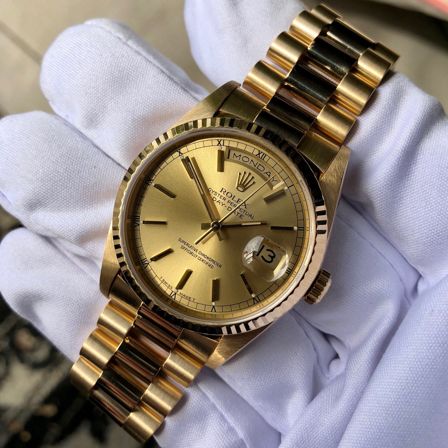 Rolex President 18238 Day Date 18K Yellow Gold Champagne Stick "W" Serial 1995 Box Papers MINT - Hashtag Watch Company