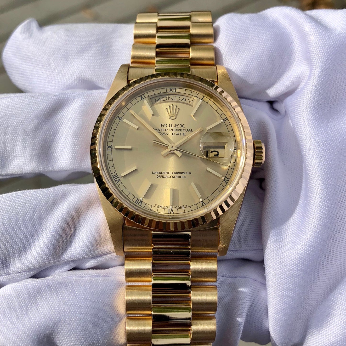 Rolex President 18238 Day Date 18K Yellow Gold Champagne Stick "W" Serial 1995 Box Papers MINT - Hashtag Watch Company