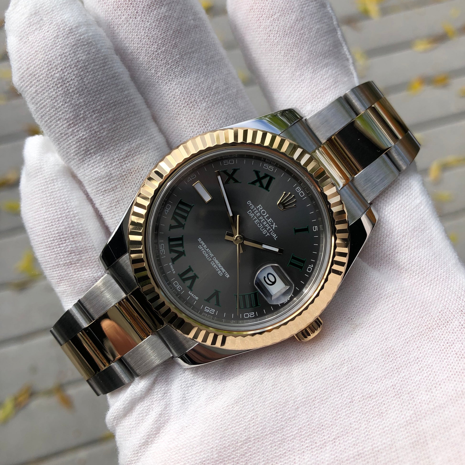 Rolex Datejust II 116333 Wimbledon 18K Gold Steel Two Tone Slate Green Roman 41mm Wristwatch Box Papers - Hashtag Watch Company