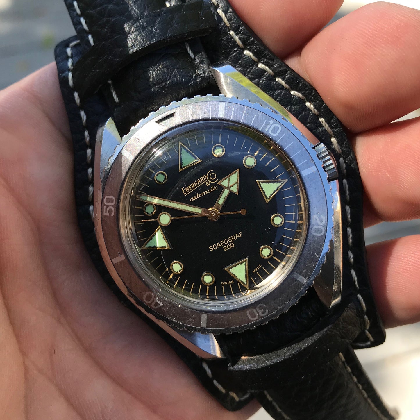 Vintage Eberhard & Co. Scafograf 200 Stainless Steel Divers Gilt Wristwatch - Hashtag Watch Company