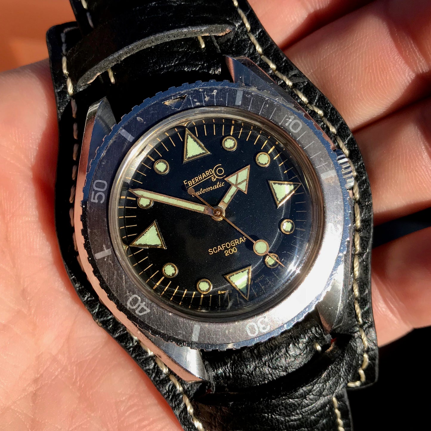 Vintage Eberhard & Co. Scafograf 200 Stainless Steel Divers Gilt Wristwatch - Hashtag Watch Company