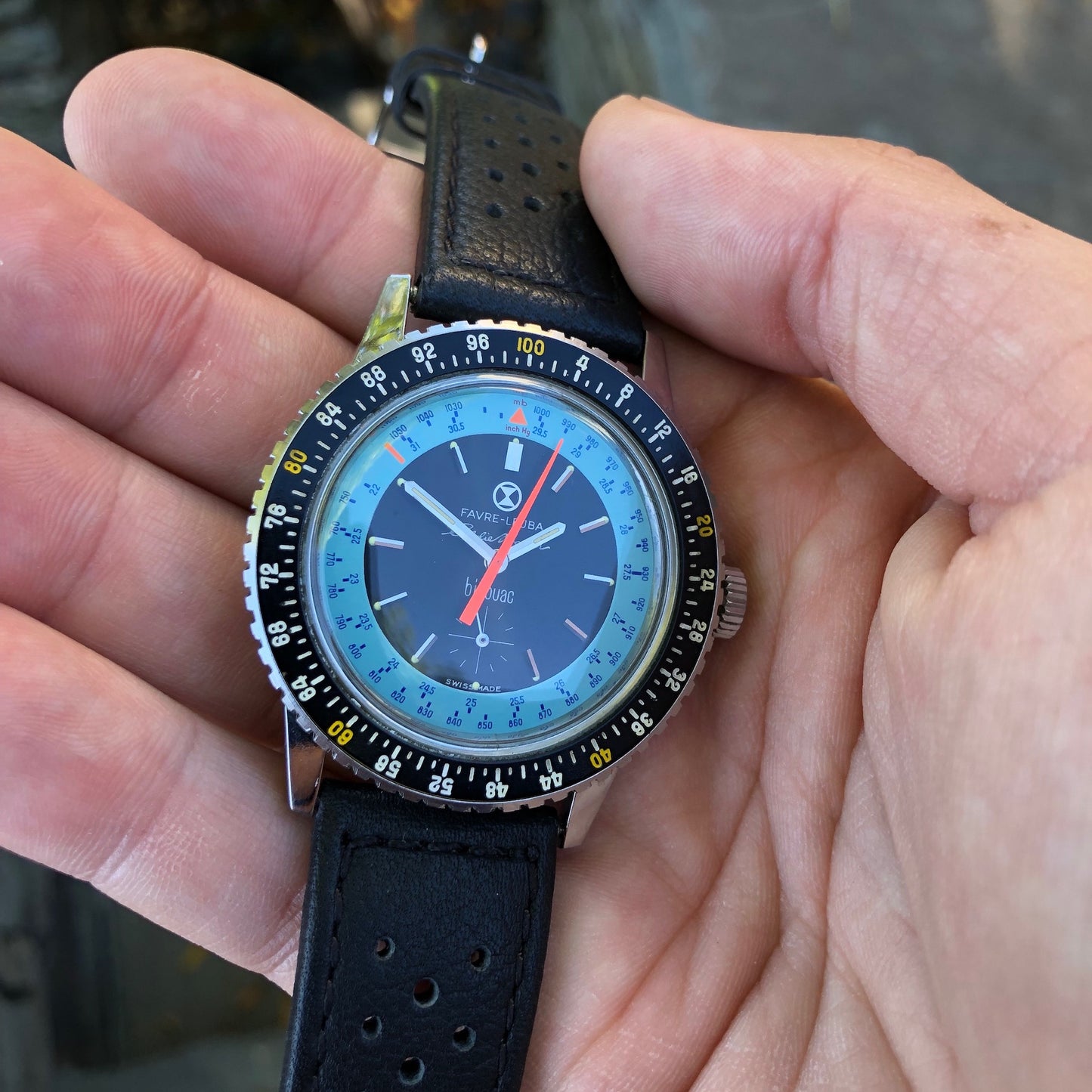 Vintage Favre Leuba Bivouac 53203 Eddie Bauer Stainless Steel Barometer Wristwatch HASHTAGWATCHCO