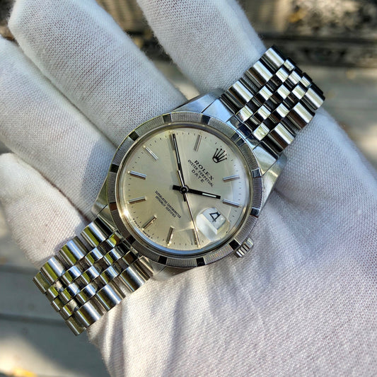 Vintage Rolex Date 15010 Steel Jubilee Cal. 3035 Engine Turn Wristwatch Circa 1985 - Hashtag Watch Company