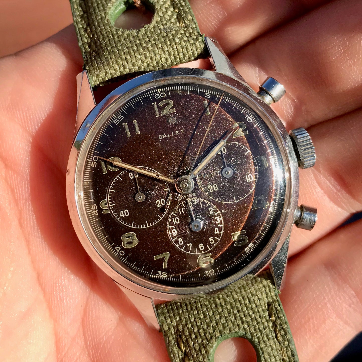 Vintage Gallet Stainless Steel Pre Jim Clark Excelsior Park Chronograph Tropical Wristwatch - Hashtag Watch Company