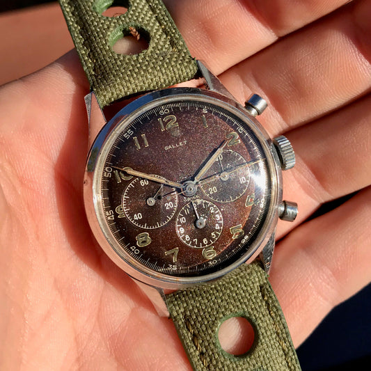 Vintage Gallet Stainless Steel Pre Jim Clark Excelsior Park Chronograph Tropical Wristwatch - Hashtag Watch Company