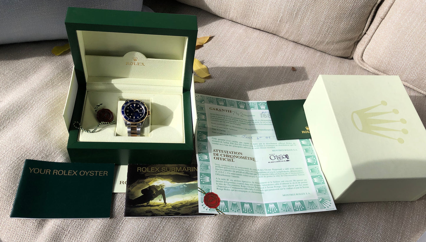 Rolex Submariner Date 16613 Blue Two Tone Stainless Steel Gold Wristwatch Box Papers Circa 1995 - Hashtag Watch Company