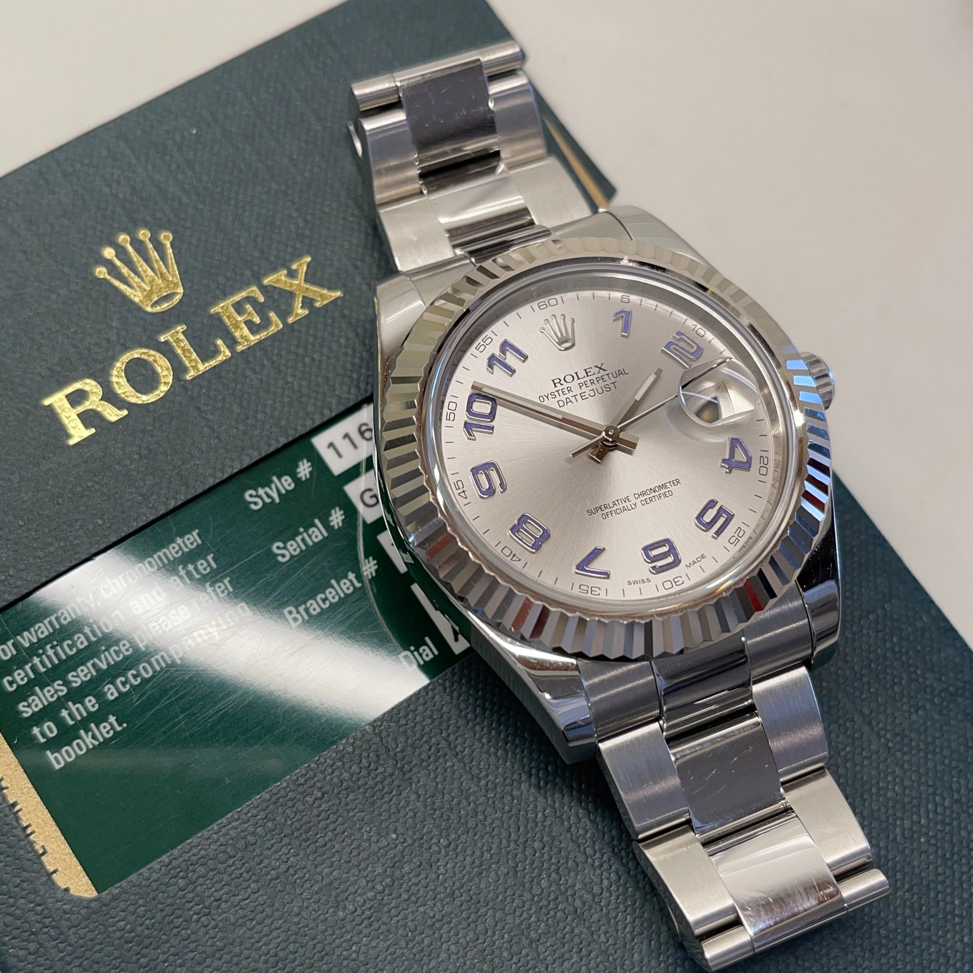 2014 Rolex Datejust II 116334 Rhodium Arabic Fluted 18K Steel Oyster 41mm Wristwatch Box Papers - Hashtag Watch Company
