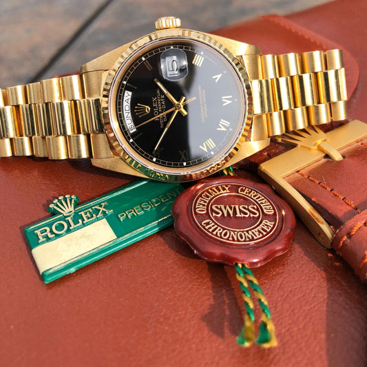 Rolex President 18038 Day Date 18K Yellow Gold Black Roman Circa 1984 Box & Tags - Hashtag Watch Company