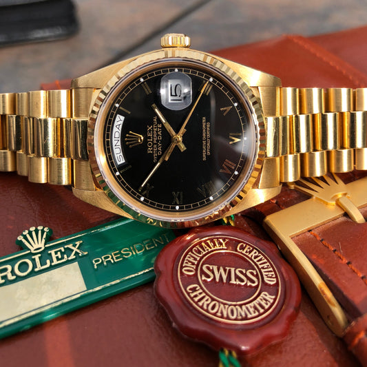 Rolex President 18038 Day Date 18K Yellow Gold Black Roman Circa 1984 Box & Tags - Hashtag Watch Company