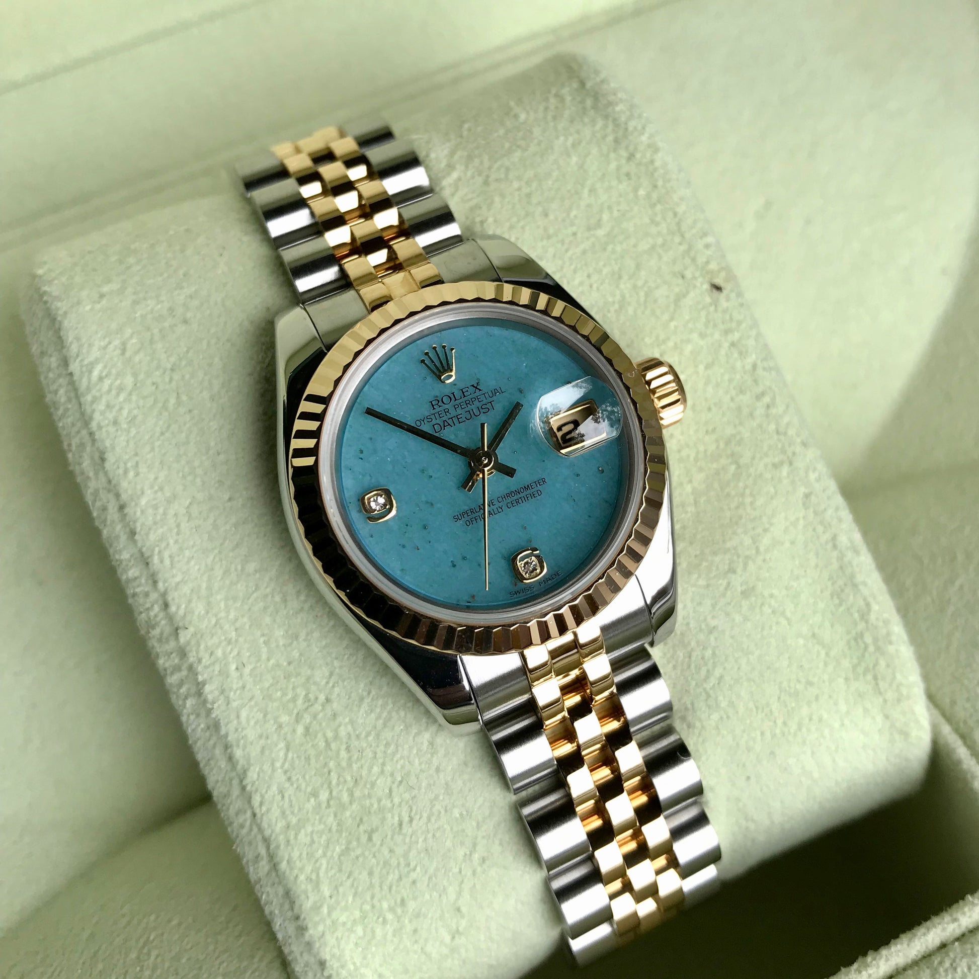 Rolex Datejust 179173 Jadeite Blue Diamond Dial Ladies Jubilee Two Tone Automatic Wristwatch Box & Papers - Hashtag Watch Company