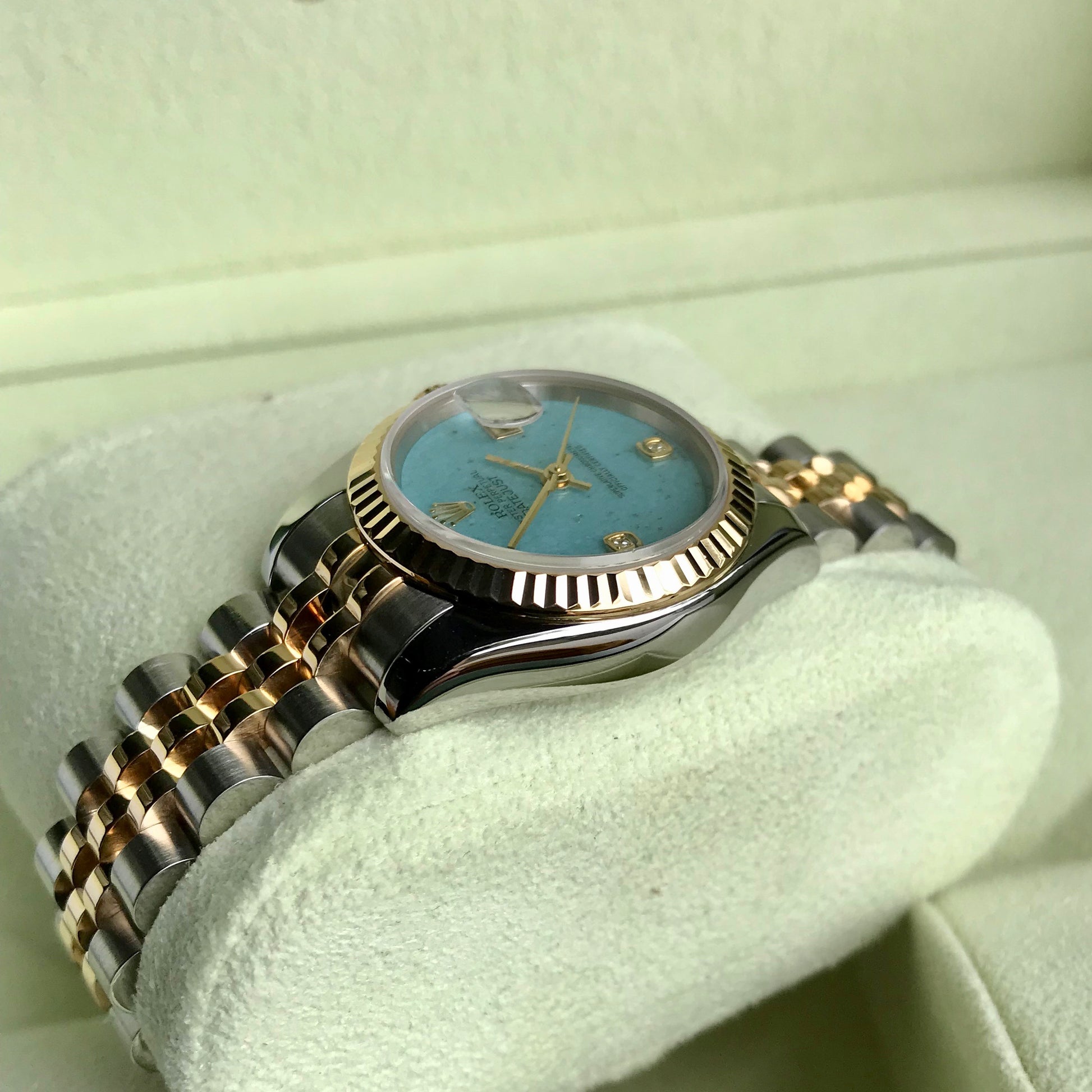 Rolex Datejust 179173 Jadeite Blue Diamond Dial Ladies Jubilee Two Tone Automatic Wristwatch Box & Papers - Hashtag Watch Company
