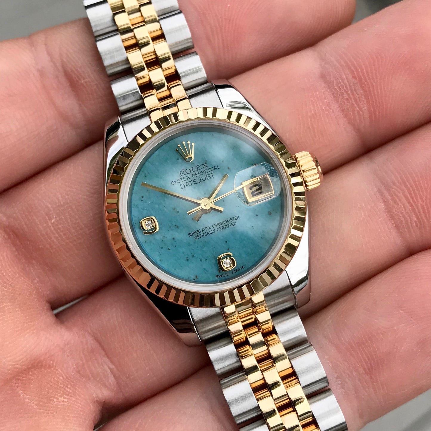 Rolex Datejust 179173 Jadeite Blue Diamond Dial Ladies Jubilee Two Tone Automatic Wristwatch Box & Papers - Hashtag Watch Company