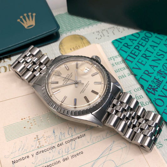 1971 Rolex Datejust 1601 Steel Engine Turned Jubilee Silver Dial Wristwatch Box Papers - Hashtag Watch Co.