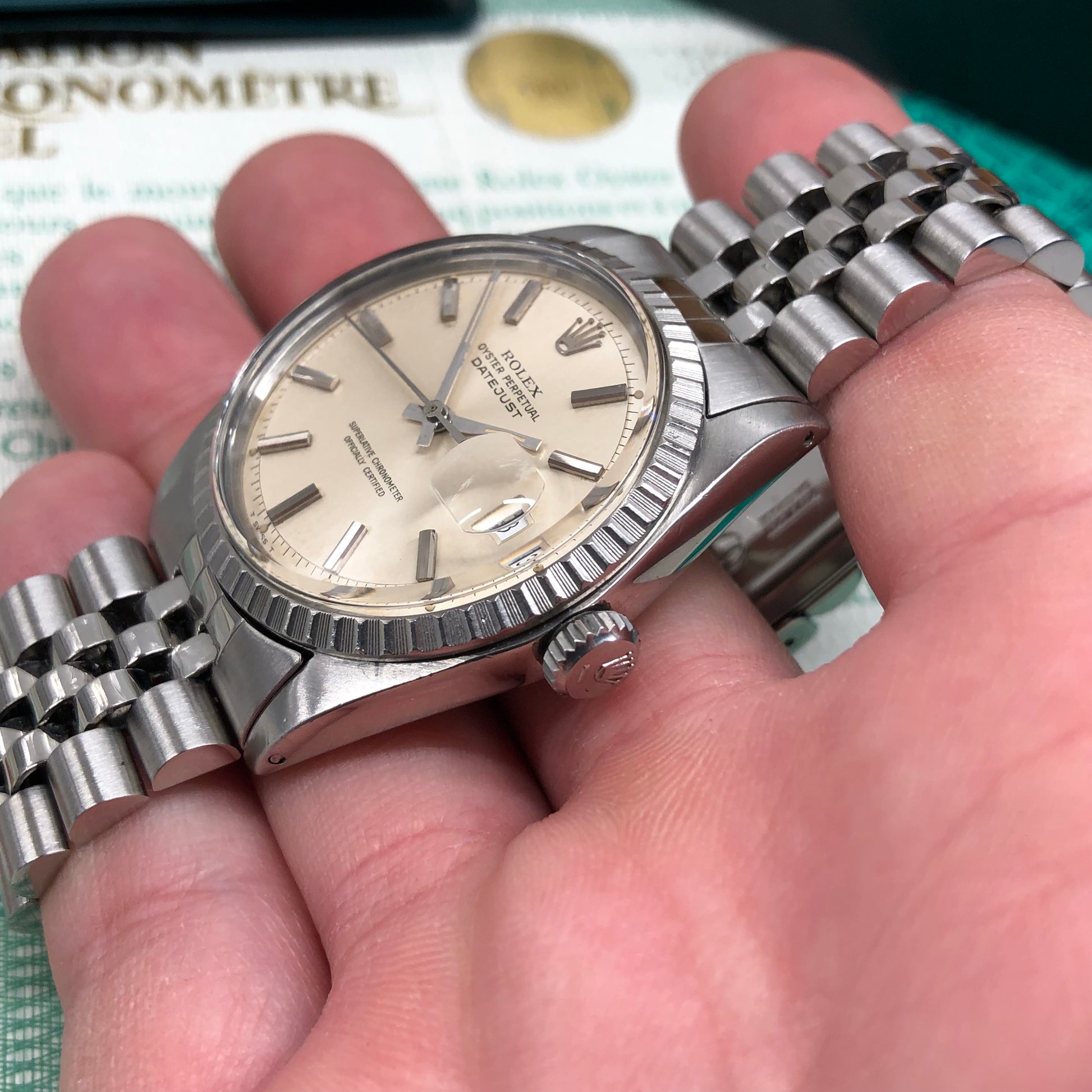 1971 Rolex Datejust 1601 Steel Engine Turned Jubilee Silver Dial Wristwatch Box Papers - Hashtag Watch Co.