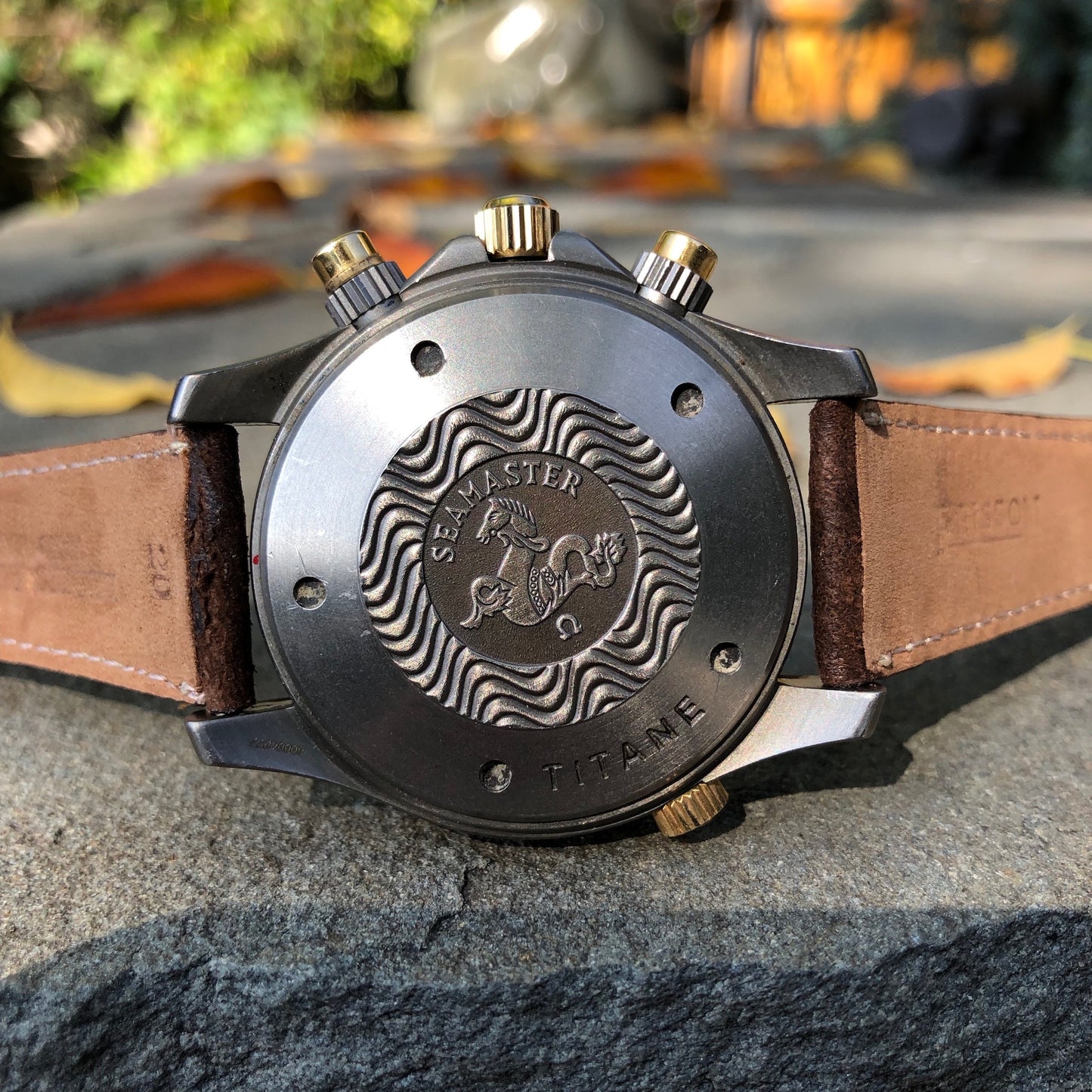 Omega Seamaster Professional 300M 2296.80 Titanium Chronograph Gold Bezel Automatic Wristwatch - Hashtag Watch Company